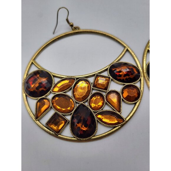 VTG Leopard Amber Honey Gold Tone Huge Hoop Dangle Earrings Costume Runway - Picture 3 of 9